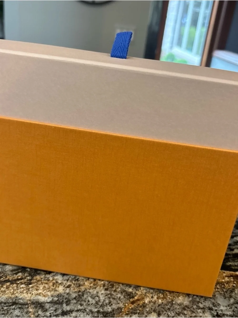 Louis Vuitton Orange Box with Navy Logo and Beige Base